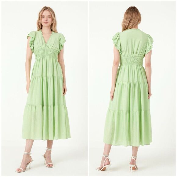 Free the Roses Green Midi Dress Size XS Ruffle Tiered Smocked Waist Feminine - Picture 1 of 11